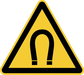 Magnetic field sign. Black danger icon on yellow triangle symbol. Vector illustration of magnet. Hazard symbol. Danger pictogram, warning sign icon