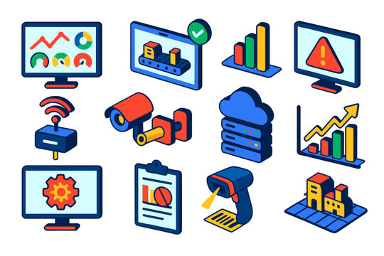 Industrial Dashboard Icons. Isometric vector illustration set Industrial Data and Monitoring: production dashboard, machine status