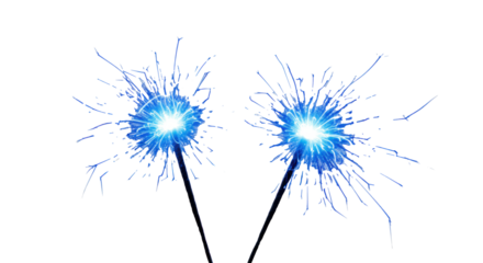 Two brilliant blue light bursts with dynamic, ethereal glowing trails, shimmering outwards against a transparent background with copy space, concept of electrifying celebration.