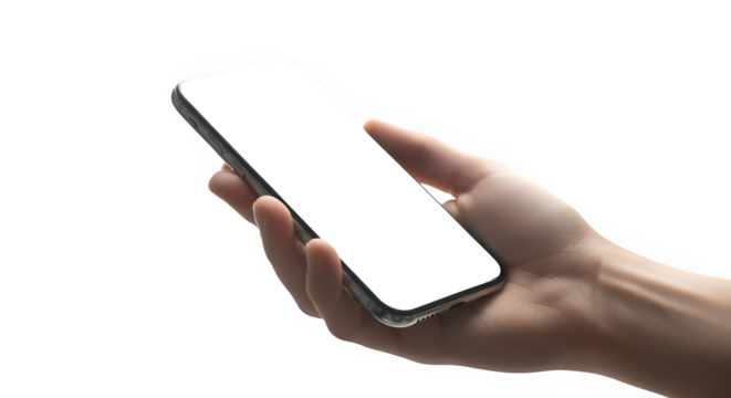 Hand holding a modern smartphone with a blank screen isolated on transparent background