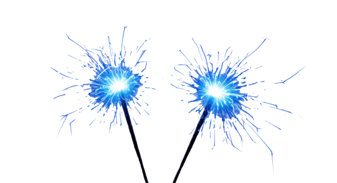 Two brilliant blue light bursts with dynamic, ethereal glowing trails, shimmering outwards against a transparent background with copy space, concept of electrifying celebration. - Powered by Adobe