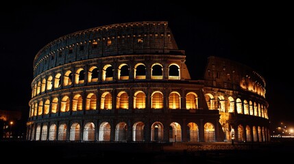 Naklejka premium Illuminated ancient amphitheater, a symbol of history, stands tall against the night, its arches glowing warmly