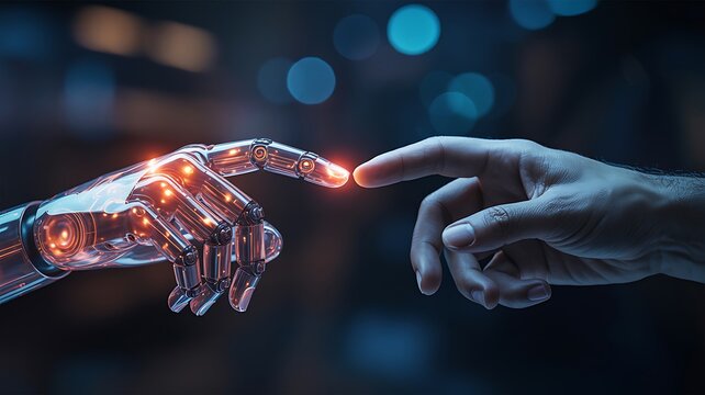 Human hand and robotic hand touching fingertips with glowing connection symbolizing artificial intelligence and technology
