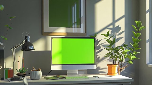A modern workspace featuring a green screen computer, lamp, and plant arrangement