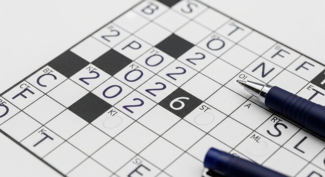 A close-up of a crossword puzzle with partially filled squares and a pen resting on the grid, hinting at a puzzle in progress