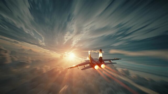 Fighter jet soars through the sky, leaving a trail of fire and destruction behind