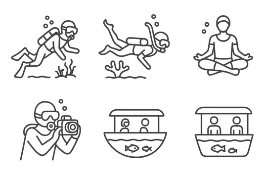 Underwater Hotel Activities Icons. Line style icons of guest activities in underwater hotels: scuba diving excursion, guided reef