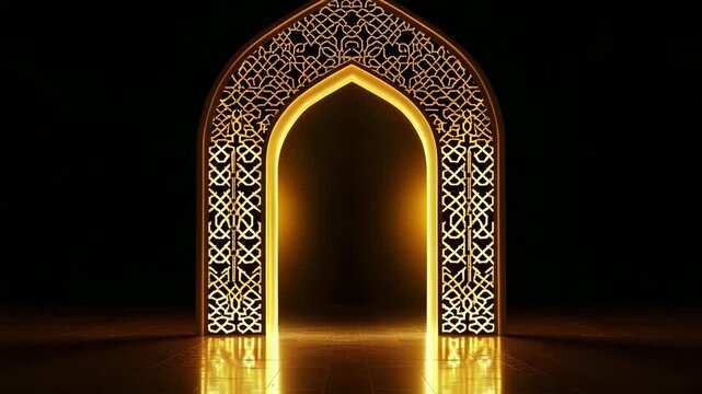 Illuminated Islamic Archway Transition in Serene Night Setting
