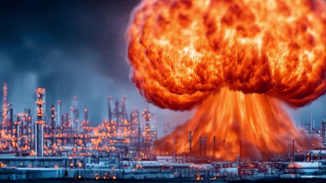 Apocalyptic Industrial Explosion: A catastrophic explosion engulfs an industrial landscape, showcasing the immense power of destruction with fire and billowing smoke.
