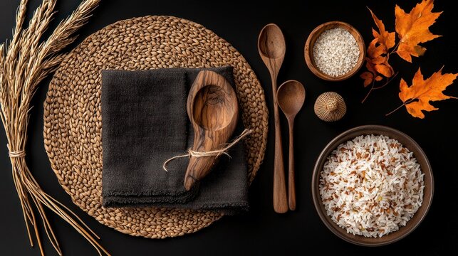 Overhead shot of a rustic table setting with dark cloth, wooden utensils, grain, rice, and autumn leaves