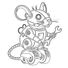 Robotic mouse illustration featuring mechanical and electronic components. The mouse has large ears and is equipped with wheels for mobility
