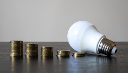 A conceptual image of energy efficiency. A glowing light bulb alongside a declining stack of coins, illustrating the concept of saving money