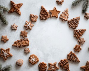 Christmas Gingerbread Cookies and Stars with Pine Branches on White Background