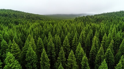 An aerial view of a dense evergreen forest stretching to the horizon under a cloudy, overcast sky