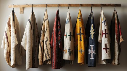 Several ornate, colorful religious garments hang from a wooden rod against a plain wall. Various patterns and textures