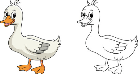 Cartoon duck illustration, cute bird drawing, animal coloring page, outlined sketch for kids, children’s activity art, vector design, playful character