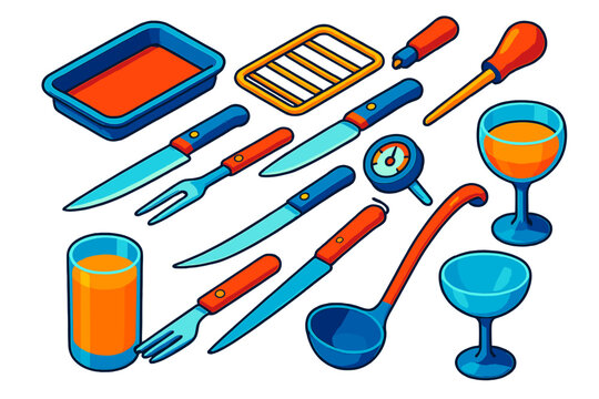 Colorful Kitchen Essentials. Isometric vector illustration set Kitchen and Dining Elements: oven tray, roasting rack, carving