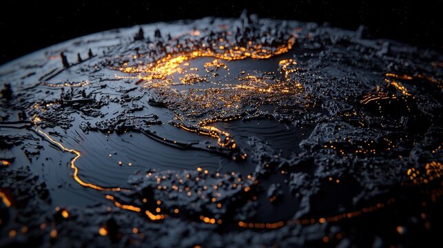 A glowing, textured 3D representation of Earth at night, emphasizing urban lights and topography, in a dark setting