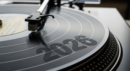A close-up shows a record player's platter with the year 2026 etched. The tone arm hovers over the vinyl