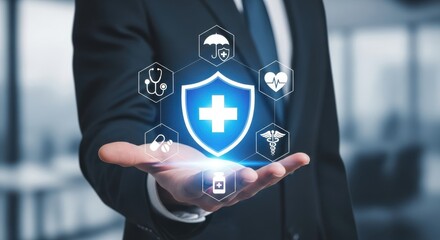 Health Insurance and Medical Protection: Hand Holding Glowing Shield with Cross Icon Surrounded by Healthcare Icons for Wellness Coverage and Security