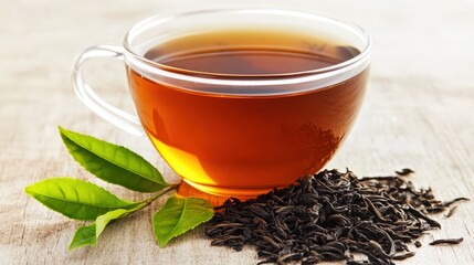 Fototapeta premium Aromatic dark tea in a glass cup on a light surface.