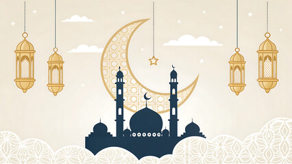 Eid Mubarak Islamic Illustration with Mosque and Crescent Moon Design