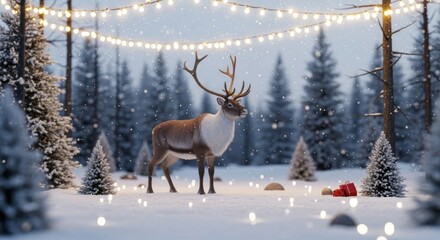 A reindeer stands proudly in a snowy forest beneath twinkling fairy lights; a few presents lay on the ground
