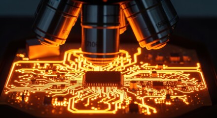 Microscope on Circuit Board: Close-up of a Microscope Lens Magnifying a Glowing Orange Microchip and Circuitry for Hardware Analysis and Technology Development