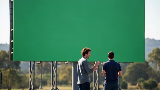 Dynamic shot of two men discussing billboard ad campaign, green screen backdrop offers versatile marketing potential, perfect for business advertising