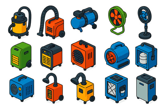 Colorful Tool Icons. Isometric vector illustration set Tools: shop vacuum, dust extractor, air compressor, portable fan,