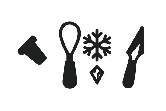 Ice Tool Icons. Solid style icons of frozen pattern creation: ice chisel icon, snow carving loop, frost design blade. Precision