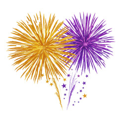 Two intricate gold and purple watercolor firework explosions radiating outwards with scattered stars on a transparent background with copy space, celebratory and jubilant atmosphere