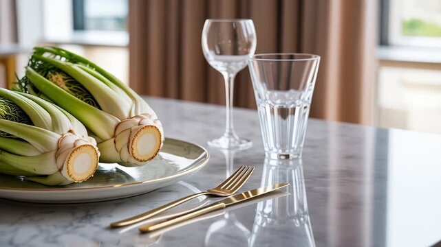 Fresh alcachofa on plate with wine glass, elegant dining setup