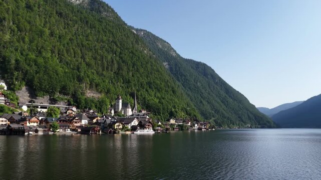 Aerial view of hallstatt village on a lake in the austrian alps