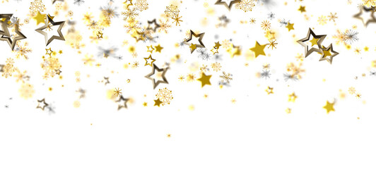 Festive background with golden stars and snowflakes on a white backdrop. Great for holiday designs, Christmas, New Year celebrations. Sparkle an