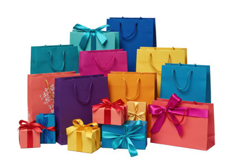 Vibrant assorted gift bags in teal, blue, yellow, purple, coral, fuchsia, adorned with satin ribbons and bows, piled on a transparent background with negative space, festive gift-giving atmosphere