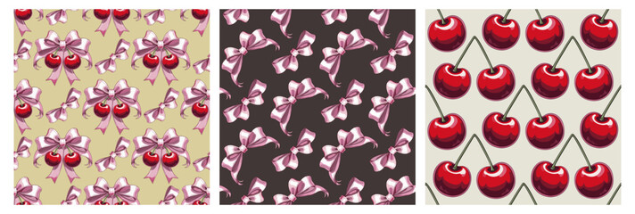 Vector collection of coquette seamless patterns with pink bows and red juicy cherries