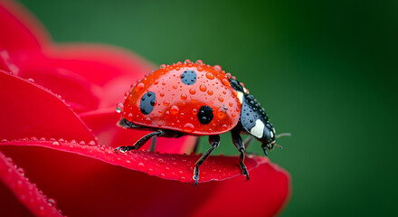 A ladybug covered in water droplets resting on a vibrant red flower petal with a green background