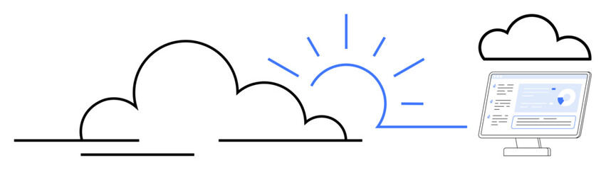 Cloud outlines with rising sun symbolize progress and digital transformation. Monitor displays data security interface. Ideal for cloud technology, data protection, innovation, technology strategy