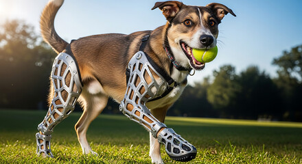 Dog with prosthetic legs holding a tennis ball in its mouth on a grassy field in a park setting