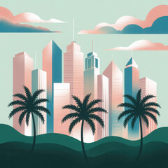 Tropical city skyline illustration with palm trees