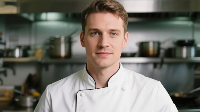 A chef in a professional uniform presents a professional image in front of the kitchen background, demonstrating the skills and craftsmanship of the catering industry.