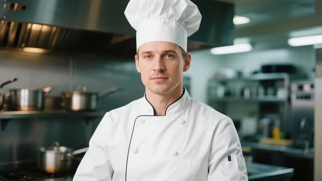 A chef in a professional uniform presents a professional image in front of the kitchen background, demonstrating the skills and craftsmanship of the catering industry.