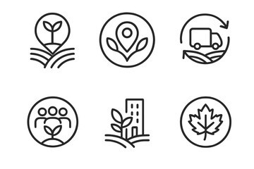 Sustainable Sourcing Icons. Line style icons of sustainable sourcing badges: “grown within 5 miles” icon, local sourcing badge,