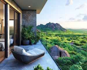 Obraz premium Balcony view mountains, green hills, & modern lounging