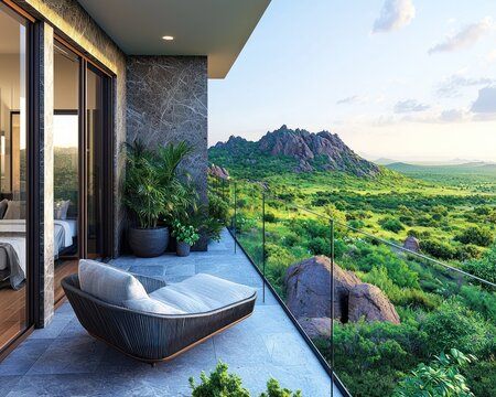 Balcony view mountains, green hills, & modern lounging