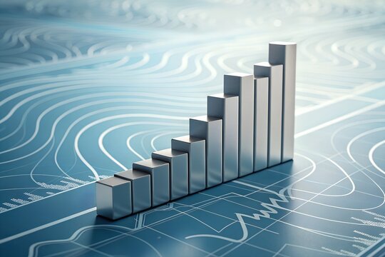 Business growth chart with upward arrow on blue background