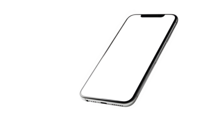 Modern smartphone with a blank white screen at an angle isolated on transparent background