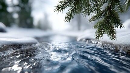Winter scene of flowing water beneath evergreen branches in a snowy landscape