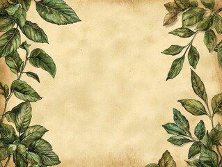 Fototapeta premium Botanical frame with green leaves on parchment paper with aged texture